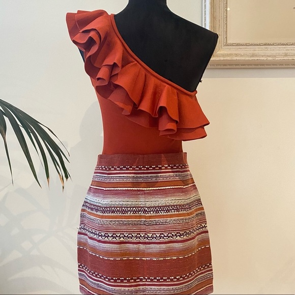 RODEO SHOW Ruffle Trim One Shoulder Viscose Rust Knit Top Blouse Stretch Size M - Picture 4 of 11